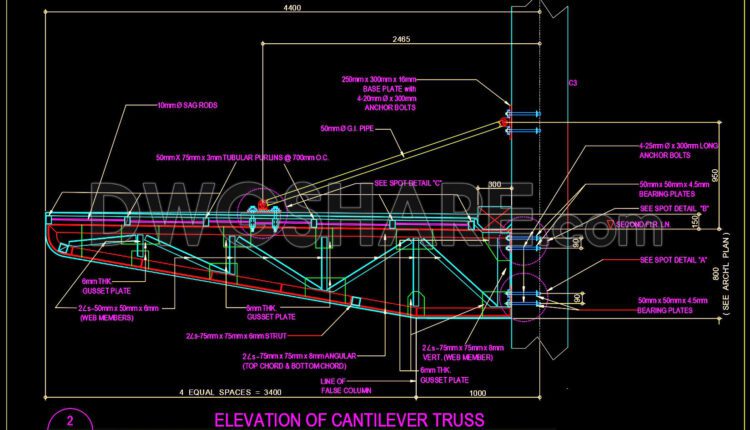 613. Free Dwg Cad Template For Cantilever Truss Elevation Details
