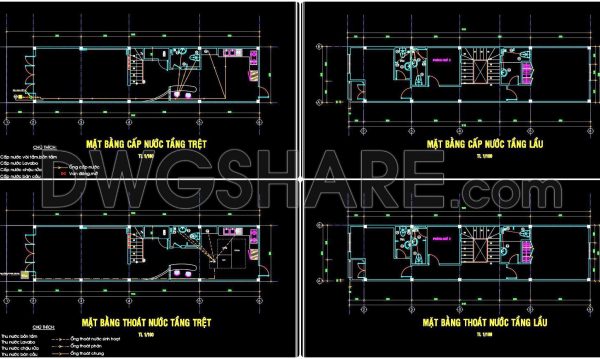 124. CAD drawings detailing the design of water supply and drainage systems for a 2-story townhouse