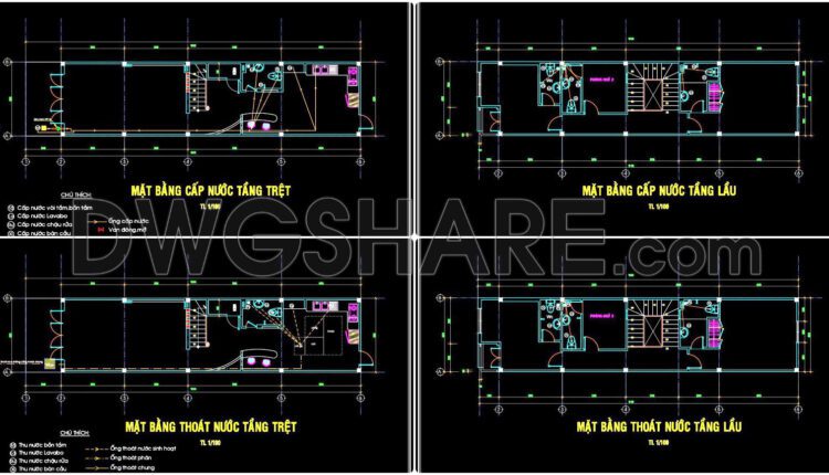 124. Cad Drawings Detailing The Design Of Water Supply And Drainage Systems For A 2-story Townhouse