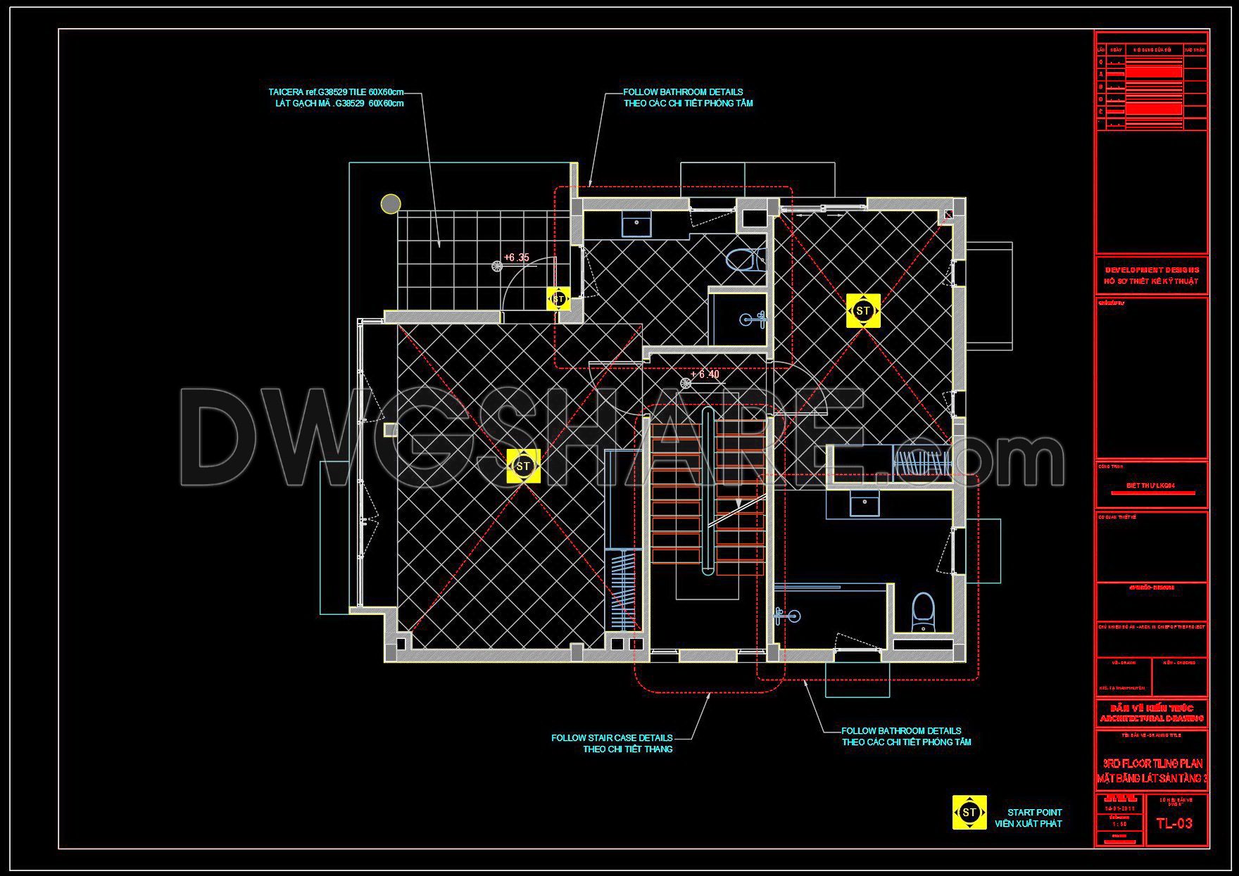 113. Download Free Detailed CAD Tile Layout Plans – 3-Story House Design (3)