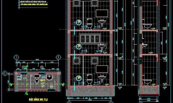 404. Free download of CAD technical drawings for the construction of bathrooms in townhouses