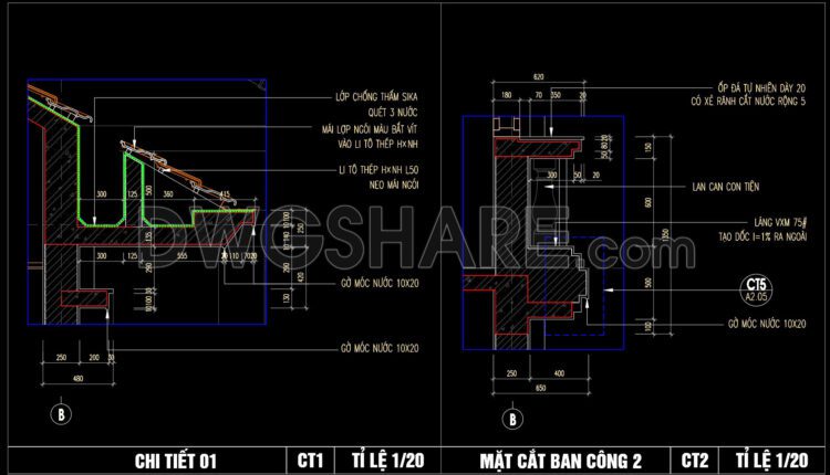426. Free Download Cad Detail – Roof Gutter And Balcony Section