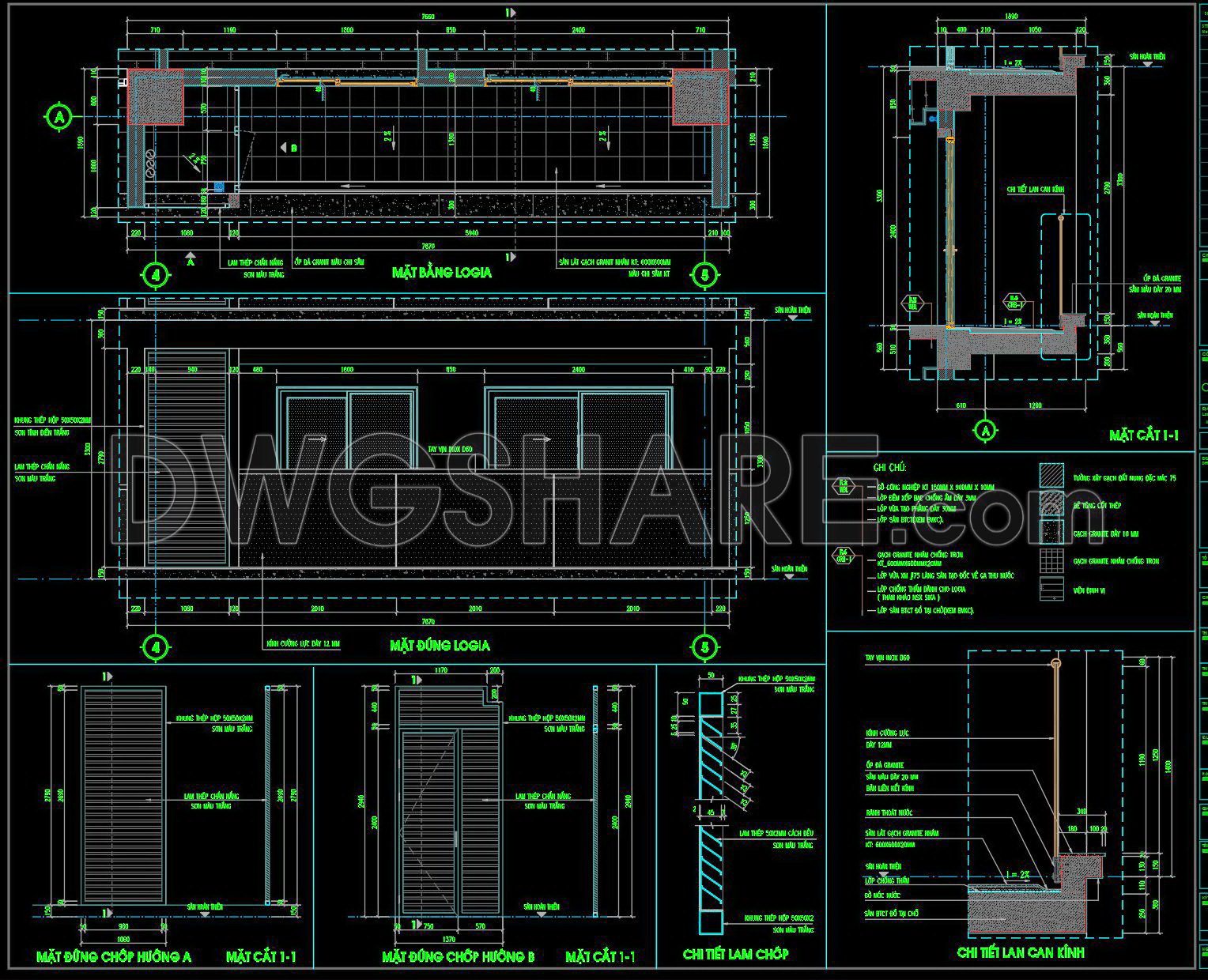 546. CAD Drawing of Loggia, Glass Railing and Sunshade Details Free Download (1)