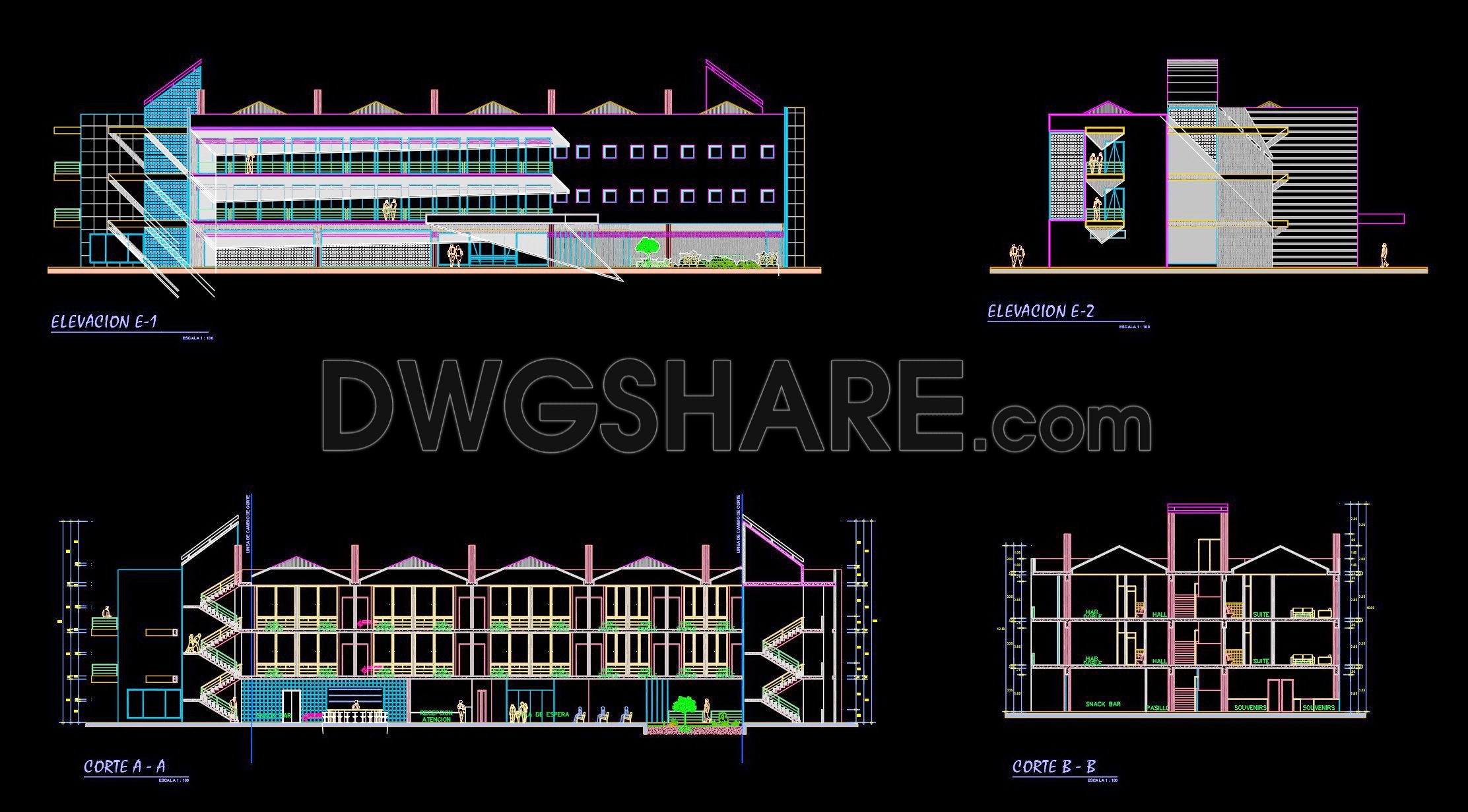 121. Free download of 3-story hotel design drawings in DWG format (1)
