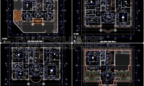 189. Free download of detailed CAD drawings of ceiling plans and lighting layout plans for a 4-storey house