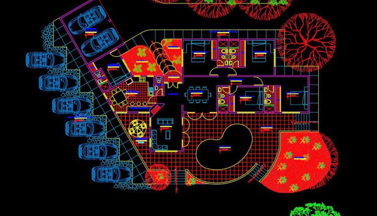 281. Get free CAD architectural floor plans of an upscale 4-bedroom villa (1)