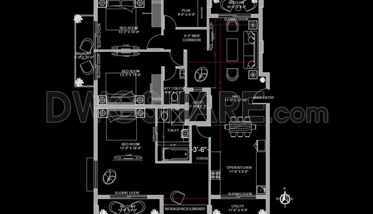 288.-free-download-3-bedroom-apartment-layout-plan-cad-drawing