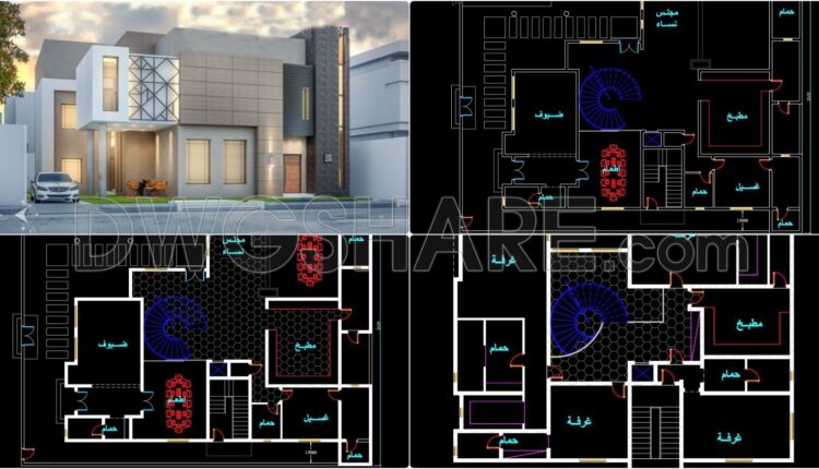 772. Download the free AutoCAD DWG drawings of a modern two-story villa (1)