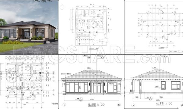 792. Download Free 1-Story House Design CAD Drawing (14.5m x 13.1m)
