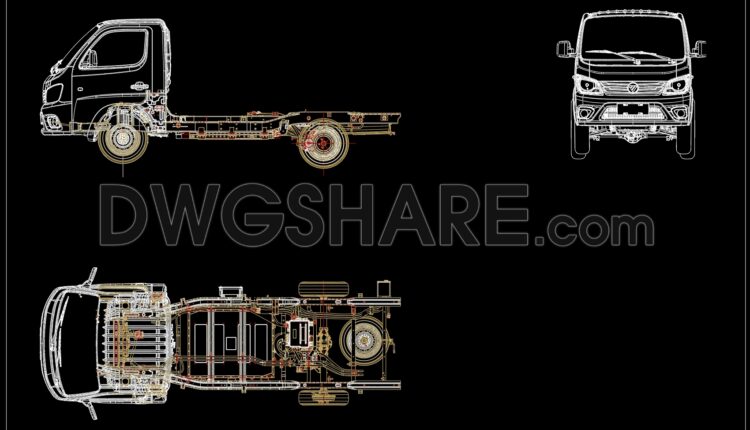 94. Detailed CAD Drawing of a Mini Truck – Front View, Side View, and Chassis Plan (1)