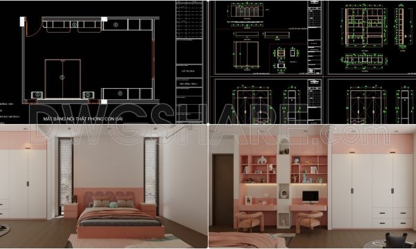 98. Free CAD Drawings & 3D Renderings of Modern Girl’s Bedroom Interior Design