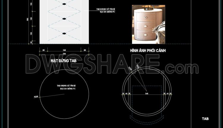 117. Round Bedside Table CAD Drawing – Floor Plan, Elevation, Section & Frame Structure Details (1)
