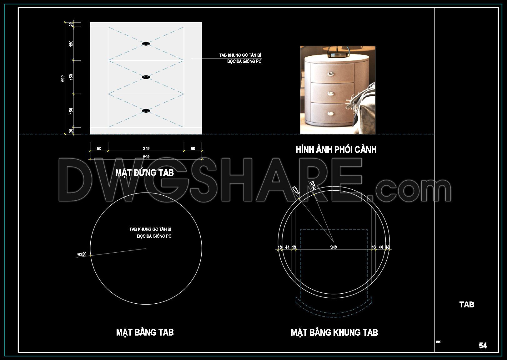 117. Round Bedside Table CAD Drawing – Floor Plan, Elevation, Section & Frame Structure Details (1)