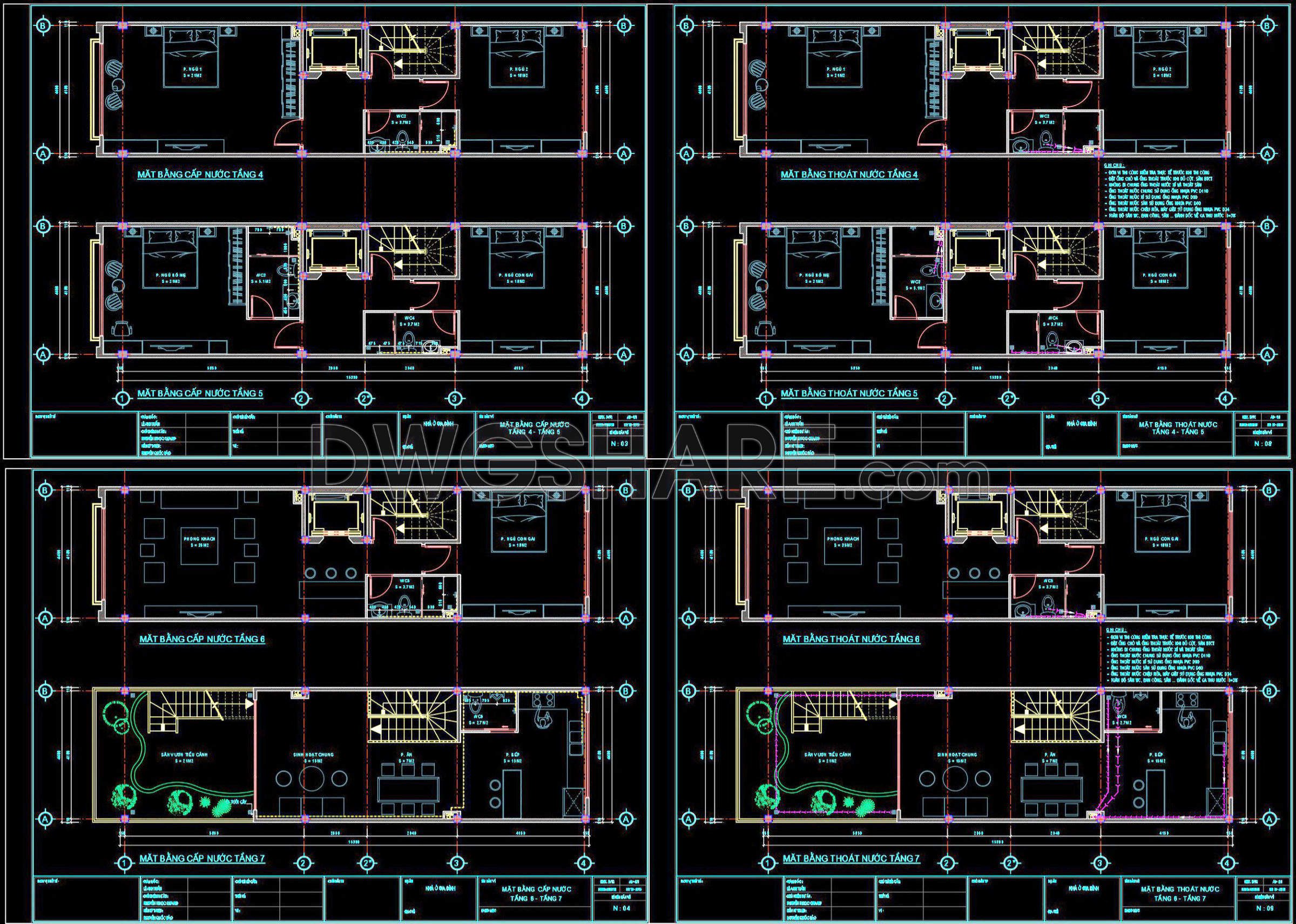 129. CAD drawings detailing the design of water supply and drainage systems for a 9-story townhouse (2)