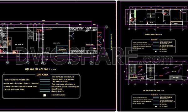 130. CAD drawings detailing the design of water supply and drainage systems for a 3-story townhouse