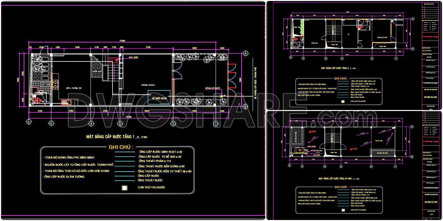 130. CAD drawings detailing the design of water supply and drainage systems for a 3-story townhouse (2)