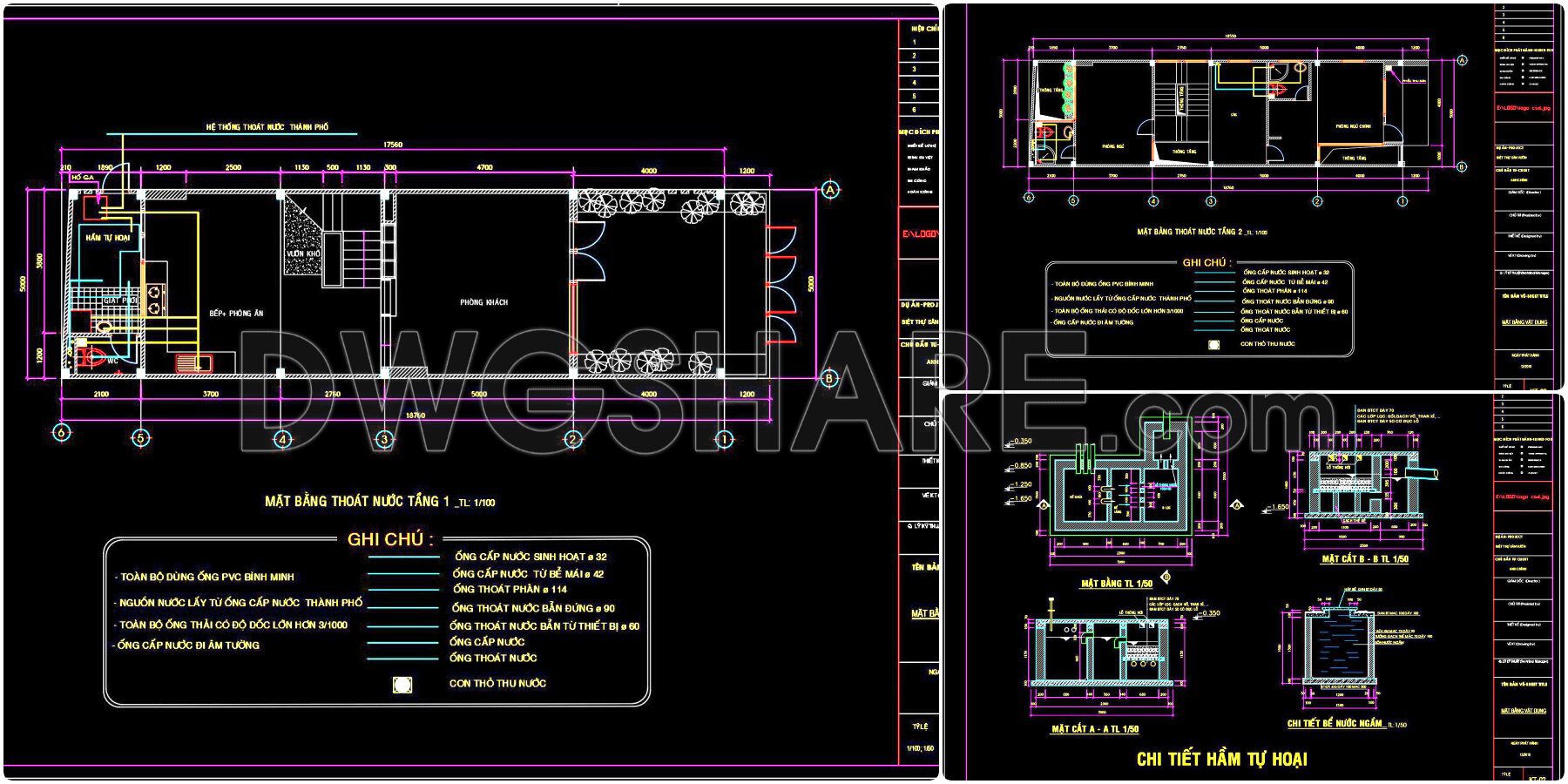 130. CAD drawings detailing the design of water supply and drainage systems for a 3-story townhouse (4)