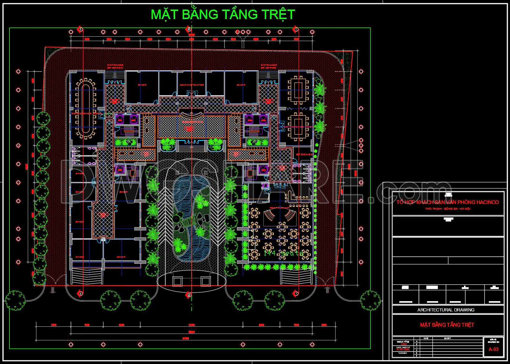 168. Free Download – Ground Floor Architectural Cad Plan Of Hacinco Hotel & Office Complex (dwg)