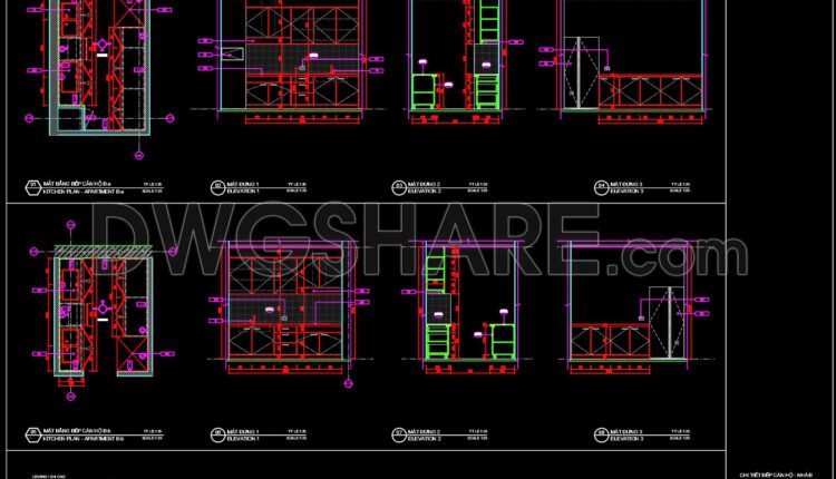 175. Free Download CAD Kitchen Design Drawings – Apartment Floor Plan and Elevations (1)