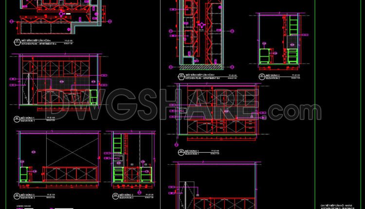177. Free Download CAD Kitchen Design Drawings – Apartment Floor Plan and Elevations (1)