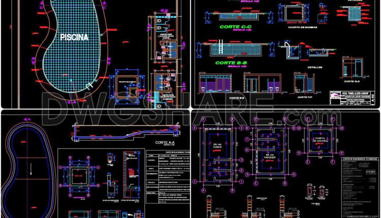 25. Free Download – CAD Detailed Swimming Pool Drawing with Full Floor Plan, Sections, Foundation and Technical Room Layout (3)