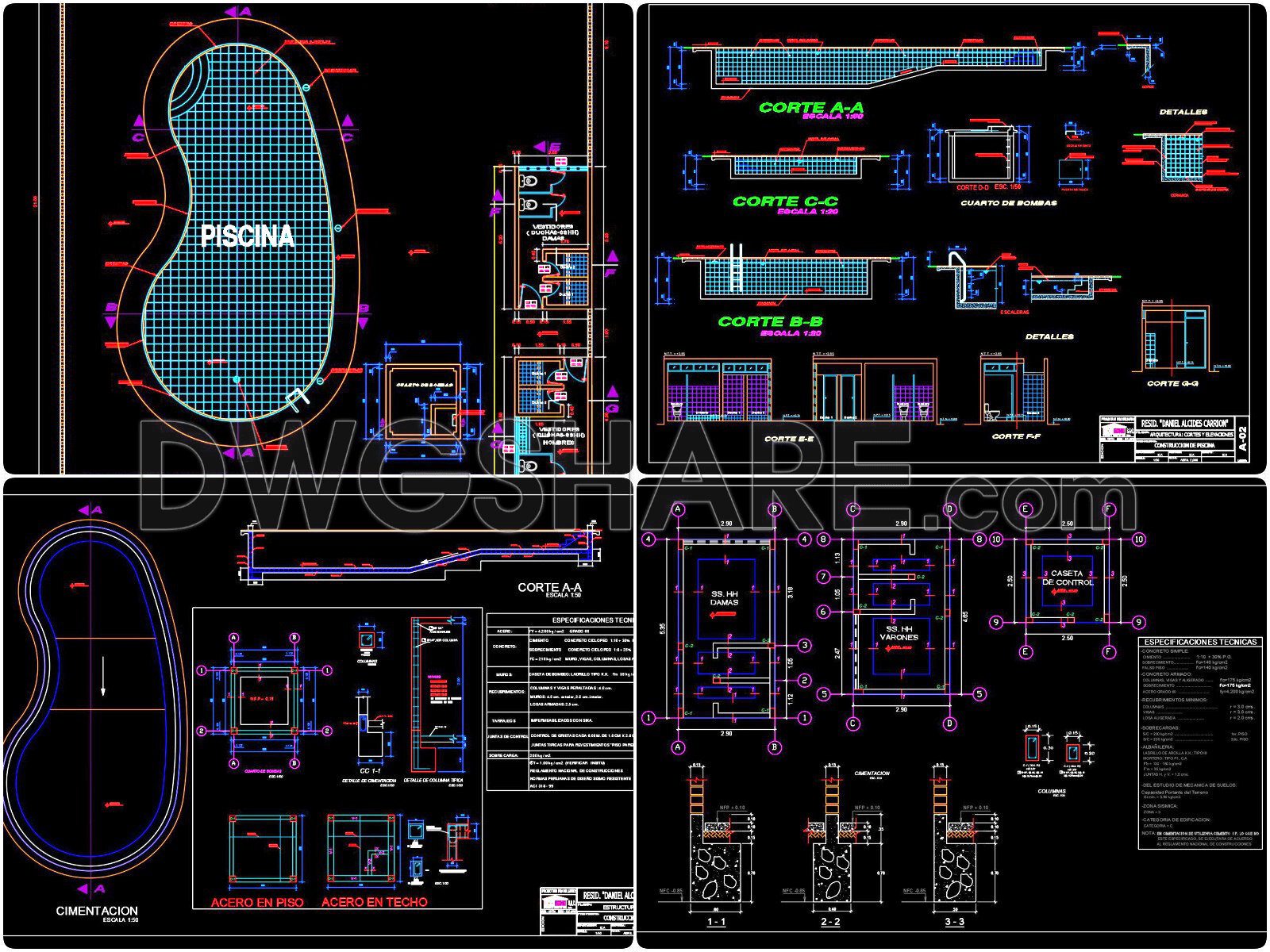 25. Free Download – CAD Detailed Swimming Pool Drawing with Full Floor Plan, Sections, Foundation and Technical Room Layout (1)