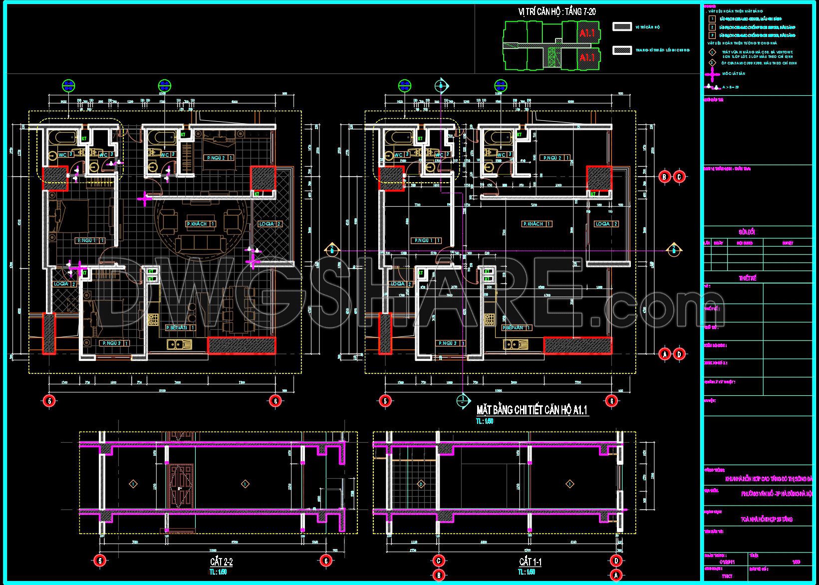 295. Free Download CAD Detailed Floor Plan of Apartment A1.1 – Full Layout & Construction Sections DWG (1)
