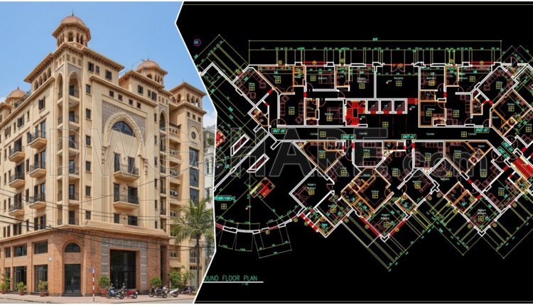 44. Free Download – Ground Floor Architectural Cad Plan Of High-rise Apartment Building 2