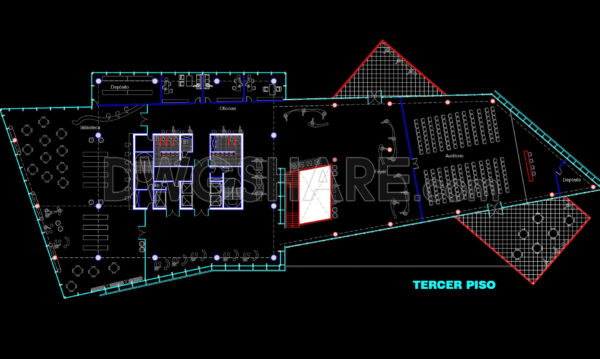 10 months ago
                

                
             1,14245. Free Download CAD Floor Plan – Modern Library, Office, and Auditorium Layout