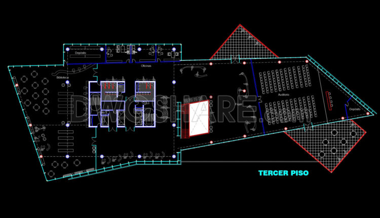 45. Free Download Cad Floor Plan – Modern Library, Office, And Auditorium Layout