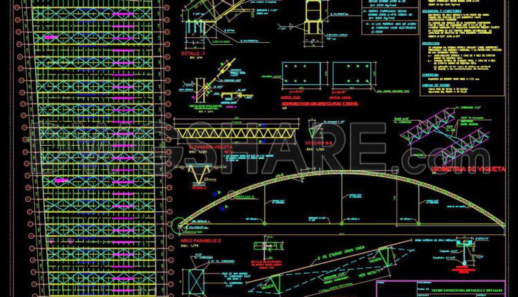 576. Steel Parabolic Roof Structure CAD Drawing – Truss Details, Connection Nodes, and Structural Layout (1)
