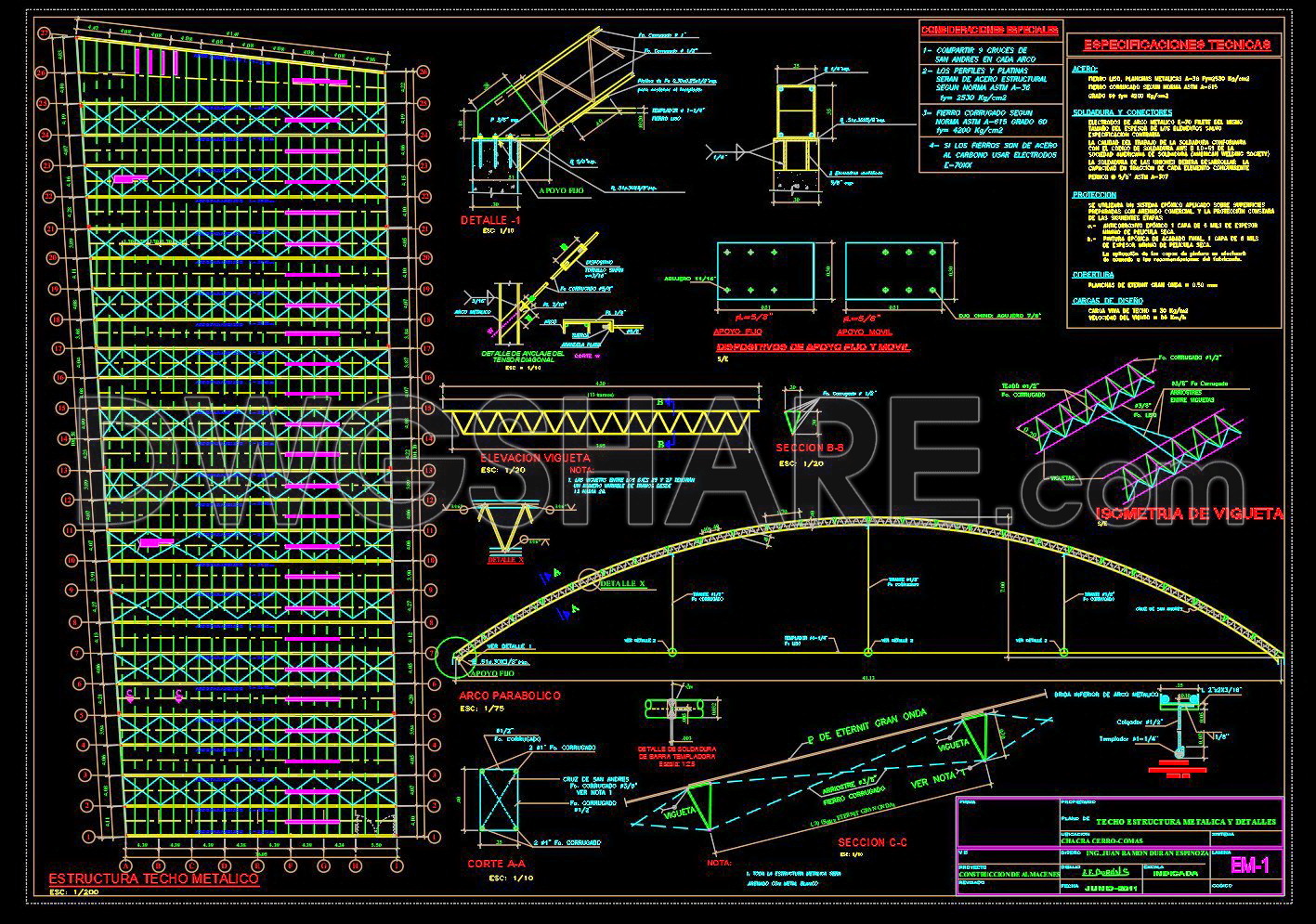 576. Steel Parabolic Roof Structure CAD Drawing – Truss Details, Connection Nodes, and Structural Layout (1)