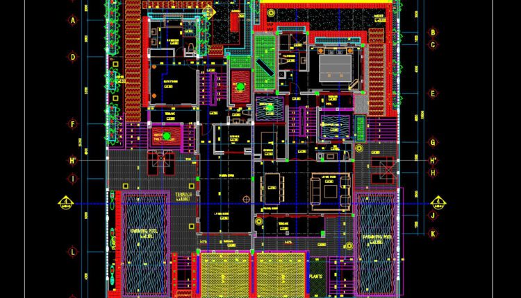 800. Free Download 600m2 Villa Ground Floor Layout Cad Drawing