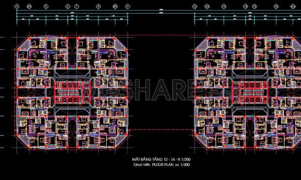 108. Free Download – CAD Drawings of 586 Residential and Office Building Complex (Floor Plans 12–14)