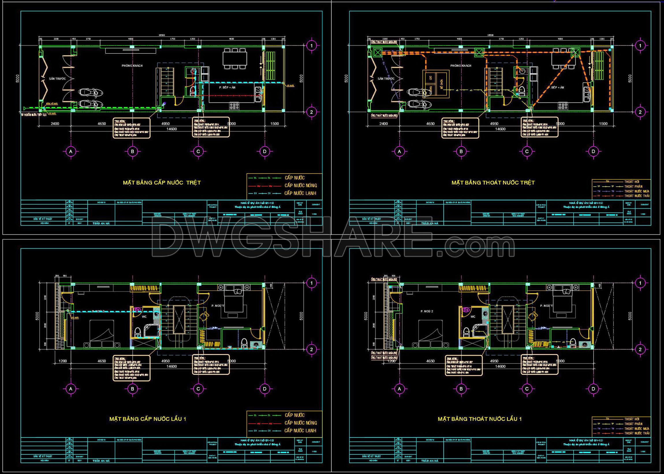 139. CAD drawings detailing the design of water supply and drainage systems for a 3-story townhouse (1)