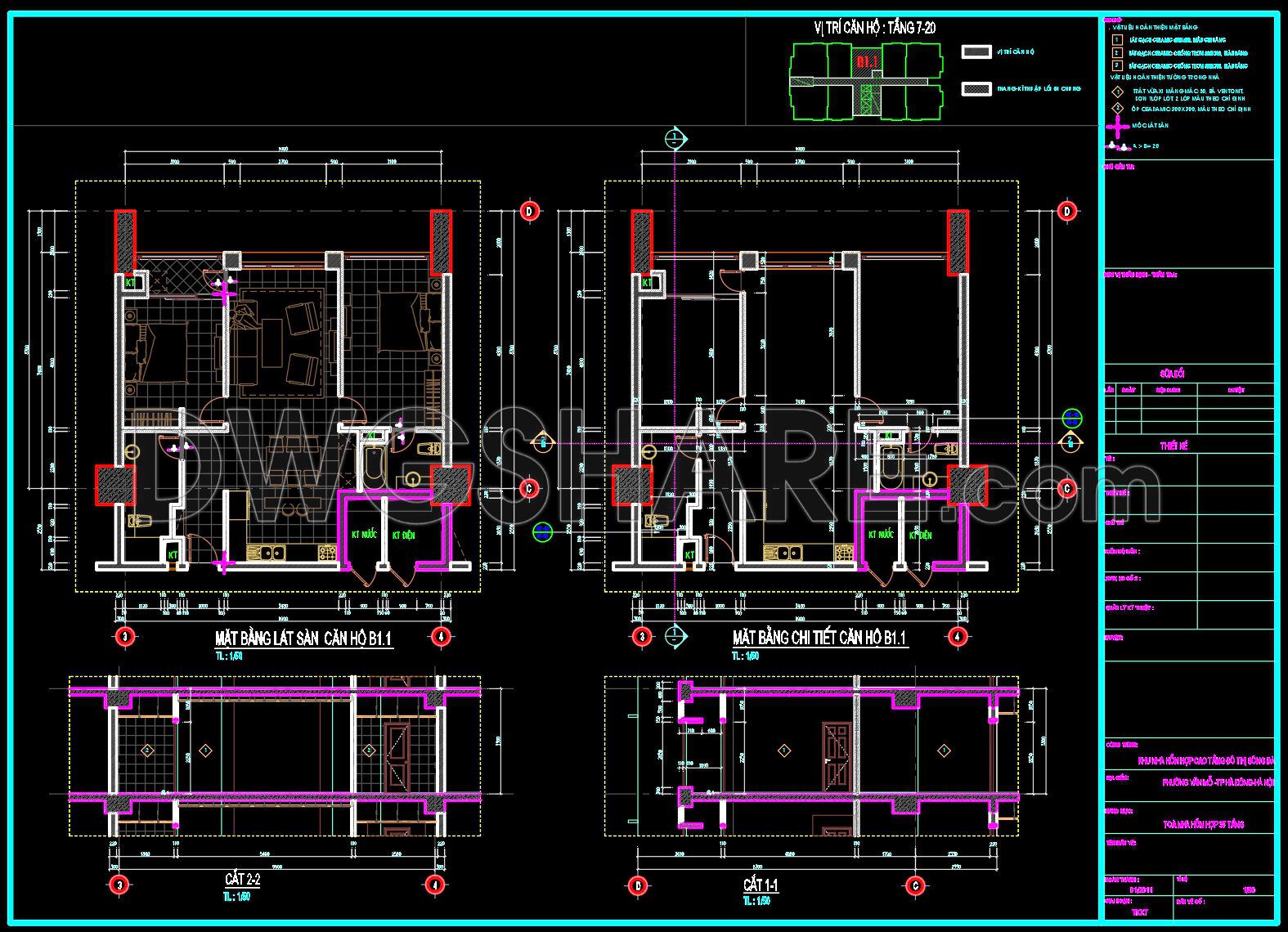 297. Free Download Cad Detailed Floor Plan Of Apartment B1.1 – Full Layout & Construction Sections Dwg