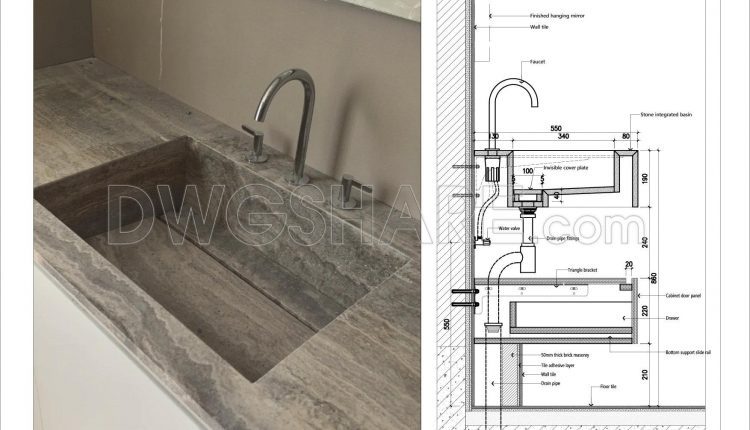 431. Modern Stone Integrated Washbasin Design – Detailed Technical Drawings