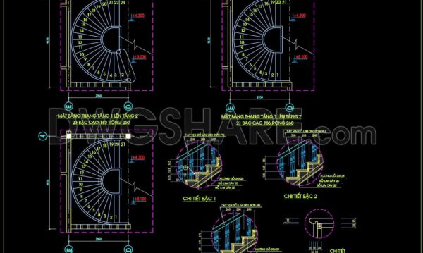448. Free CAD Drawing – Spiral Staircase with Wooden Handrail