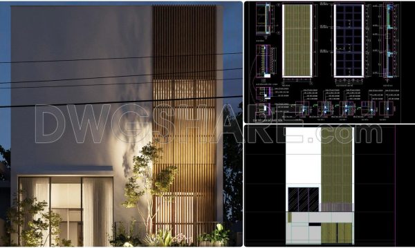 580. Download the detailed CAD drawing of the wooden facade for the main elevation of a family house for free
