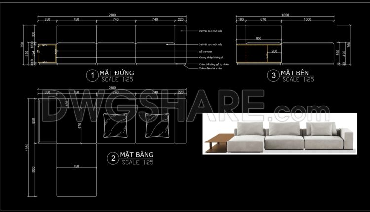 81. Free Download CAD Drawings of Luxury Sofa with Full Dimensions (1)