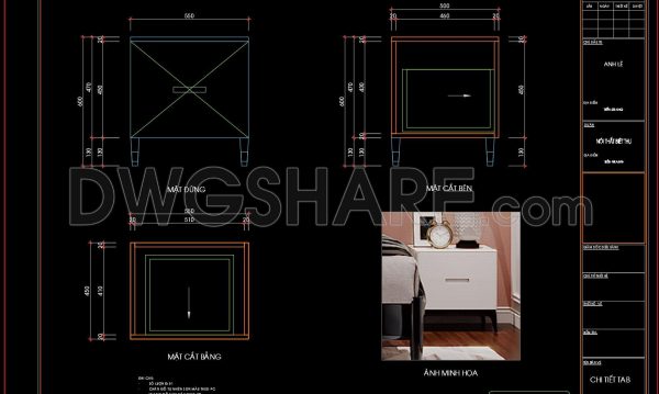 129. Free Download – CAD Shop Drawing of Bedside Table