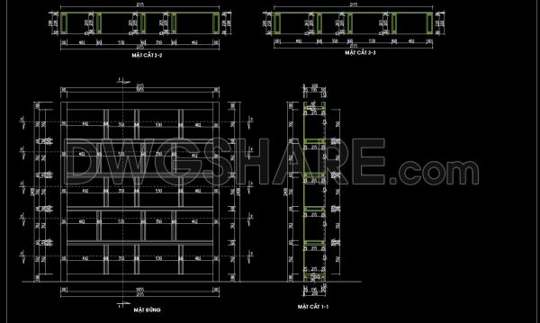 130. Free Download Detailed CAD Drawing of Wooden Bookshelf for Living Room