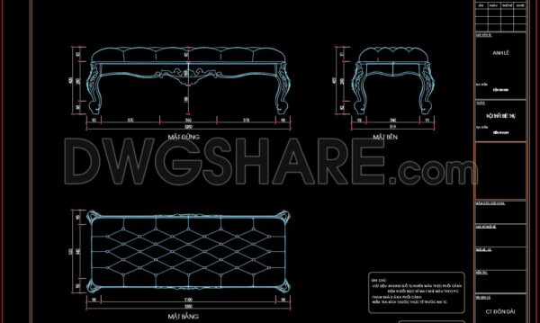 145. Free Download – Bed Bench CAD Shop Drawing for Bedroom