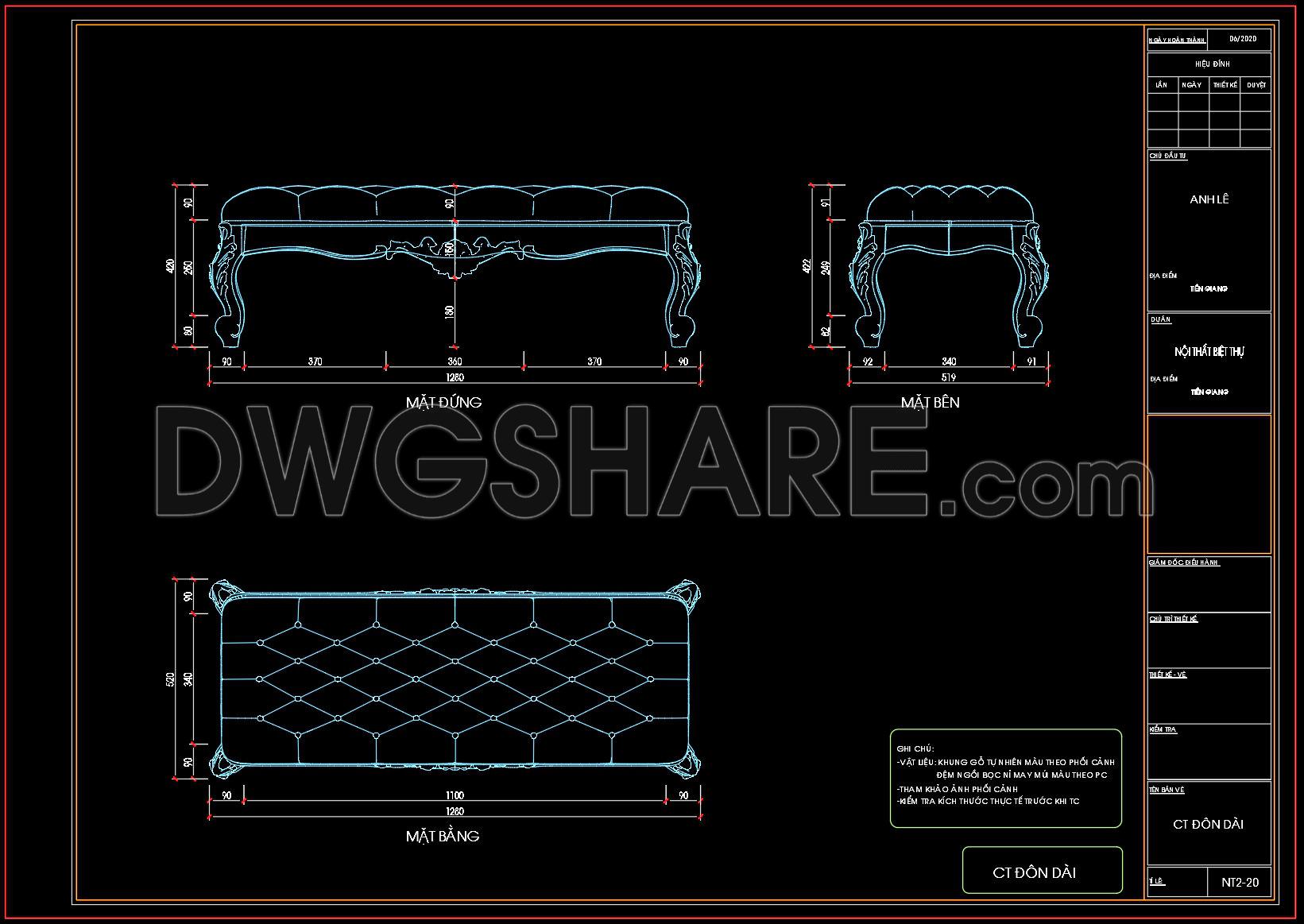 145. Free Download – Bed Bench CAD Shop Drawing for Bedroom (1)