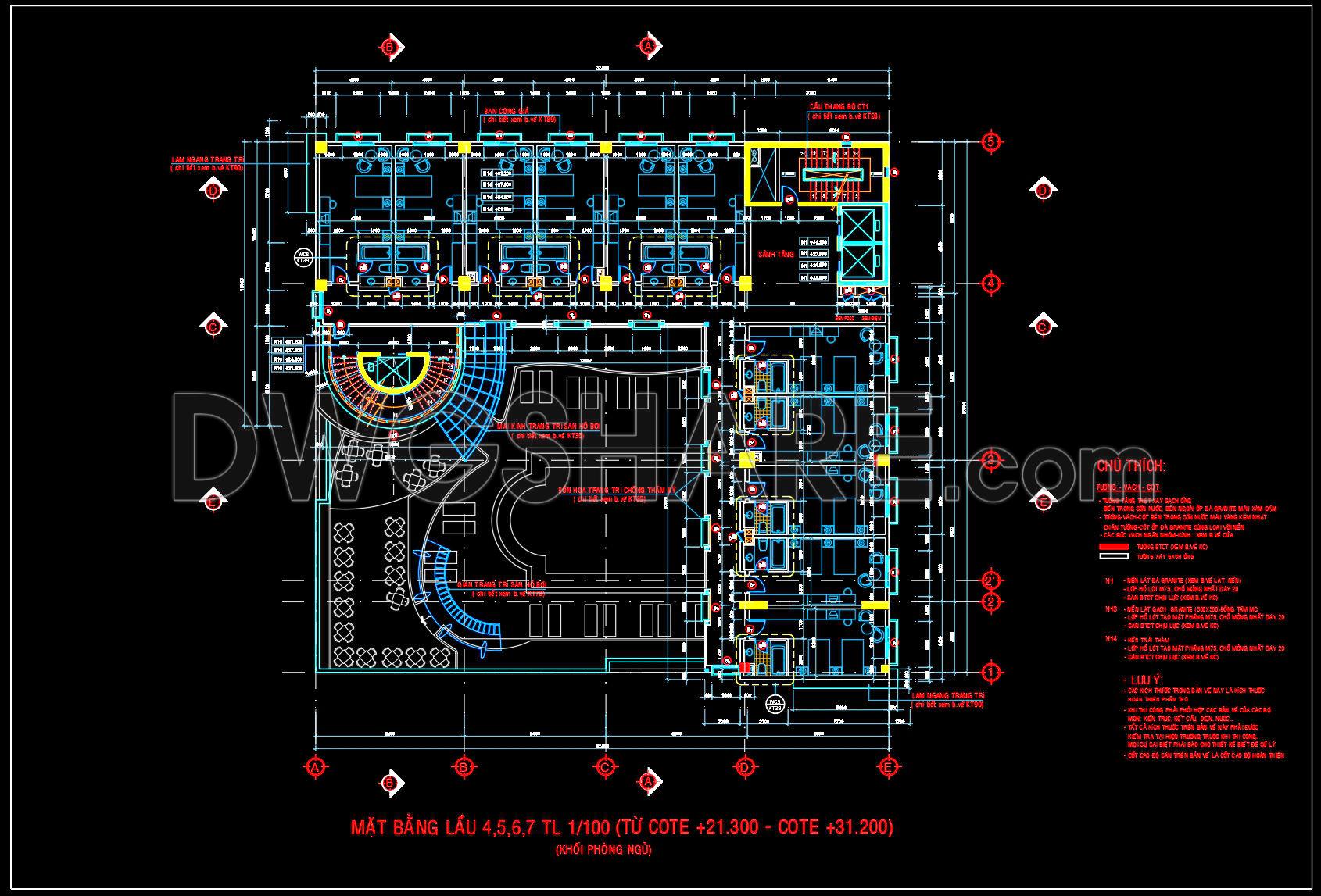 166. Free Download Cad Drawing Of Typical Hotel Floor Plan (levels 4–7)