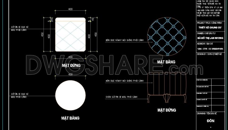 193. Free Download – Round Upholstered Ottoman CAD Drawing with Detailed Specifications (1)