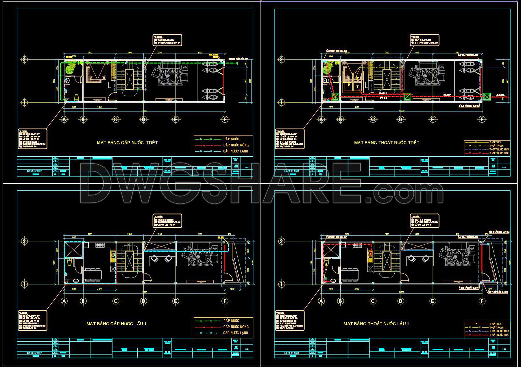 316. CAD drawings detailing the design of water supply and drainage systems for a 3-story townhouse (3)