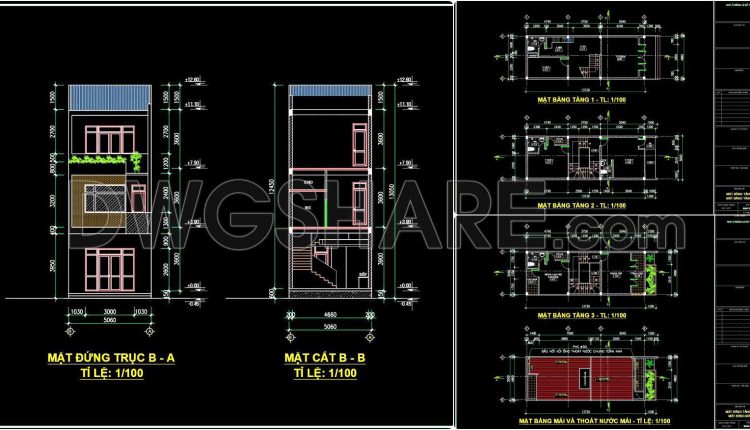 434. Download Cad Design Drawings For A 3-story House With Dimensions 5m X 13.7m