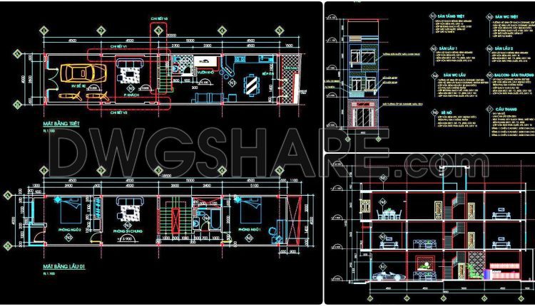 443. Download Cad Design Drawings For A 3-story House With Dimensions 4m X 18.5m