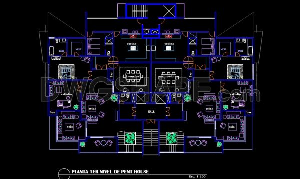 7 months ago
                

                
             89246. Free Download Penthouse Level 1 Floor Plan CAD Drawing – Symmetrical Apartment Layout